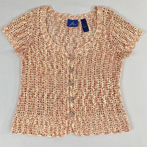 J H Collectibles Button-Front Sweater Women's L Red & Yellow Linen Blend Crochet
